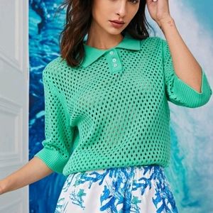 New Green Collared buttoned half placket Knit Sweater Top